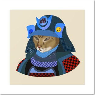 Cat samurai in blue helmet Posters and Art